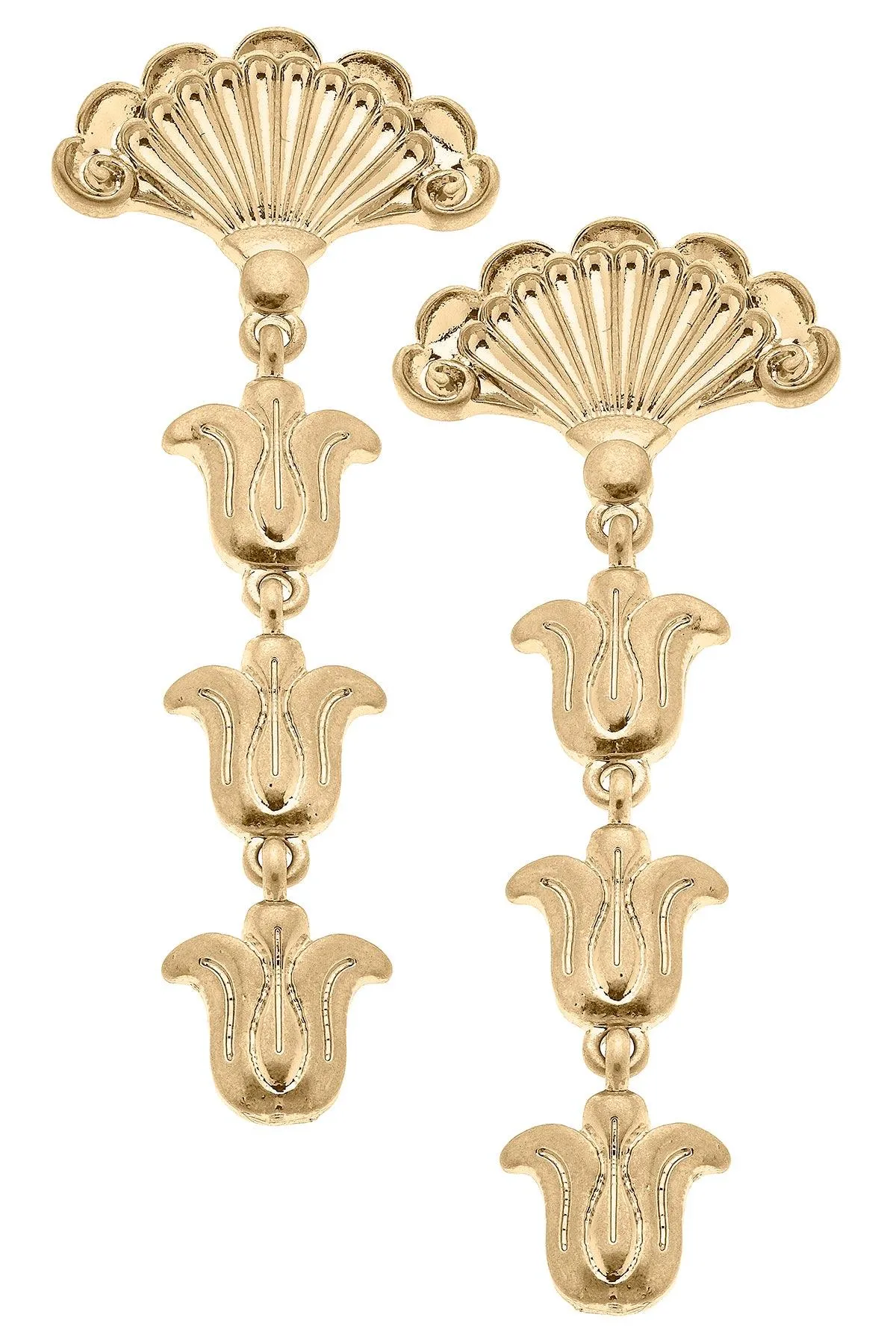 Ames French Fan & Millefleurs Drop Earrings in Worn Gold sold by Canvas Style