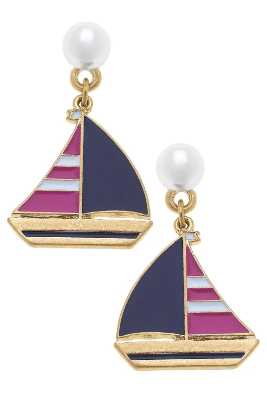 Crew Enamel Sailboat Earrings in Pink & Navy sold by Canvas Style