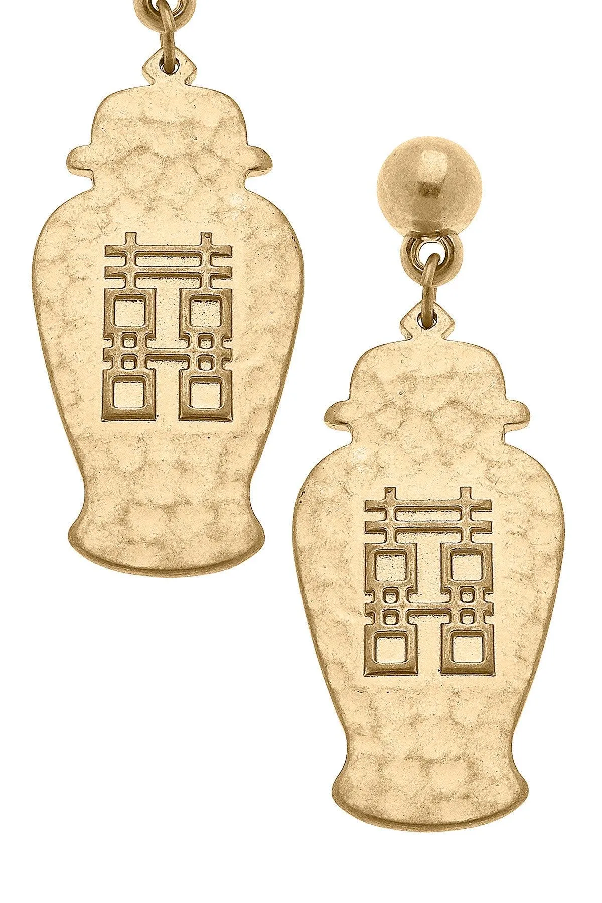 Lila Temple Jar Double Happiness Statement Earrings in Worn Gold sold by Canvas Style