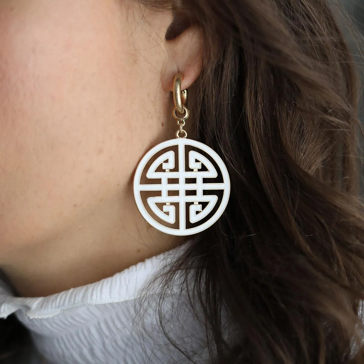 Jenson Game Day Greek Keys Enamel Statement Earrings in White sold by Canvas Style product image thumbnail 3