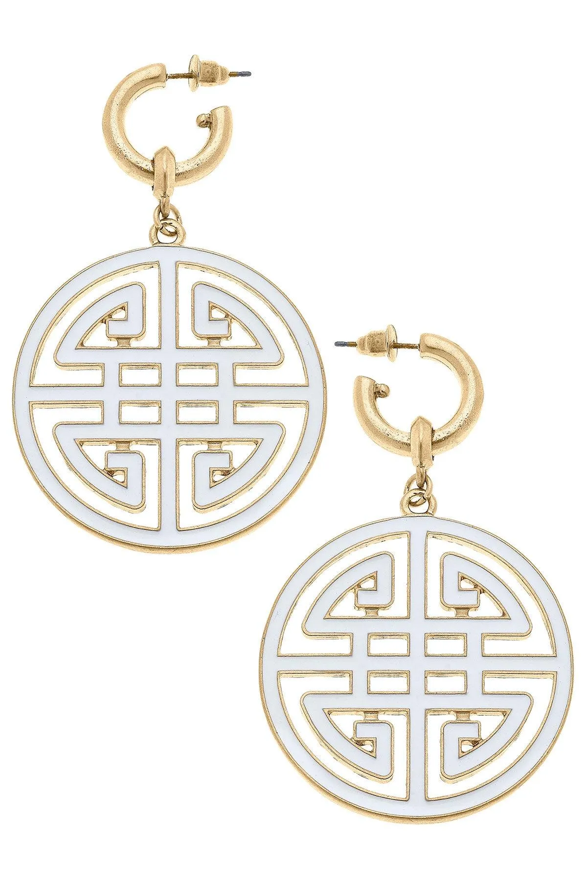 Jenson Game Day Greek Keys Enamel Statement Earrings in White sold by Canvas Style