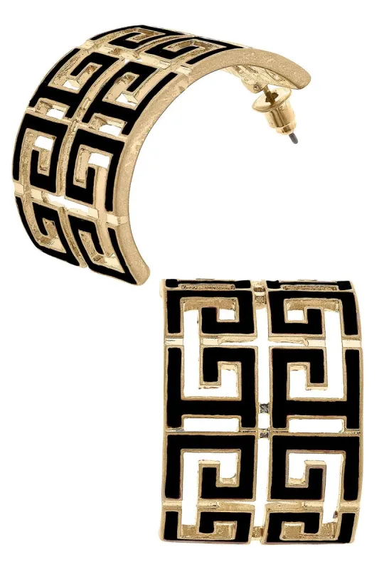 Brennan Game Day Greek Keys Enamel Hoop Earrings in Black sold by Canvas Style
