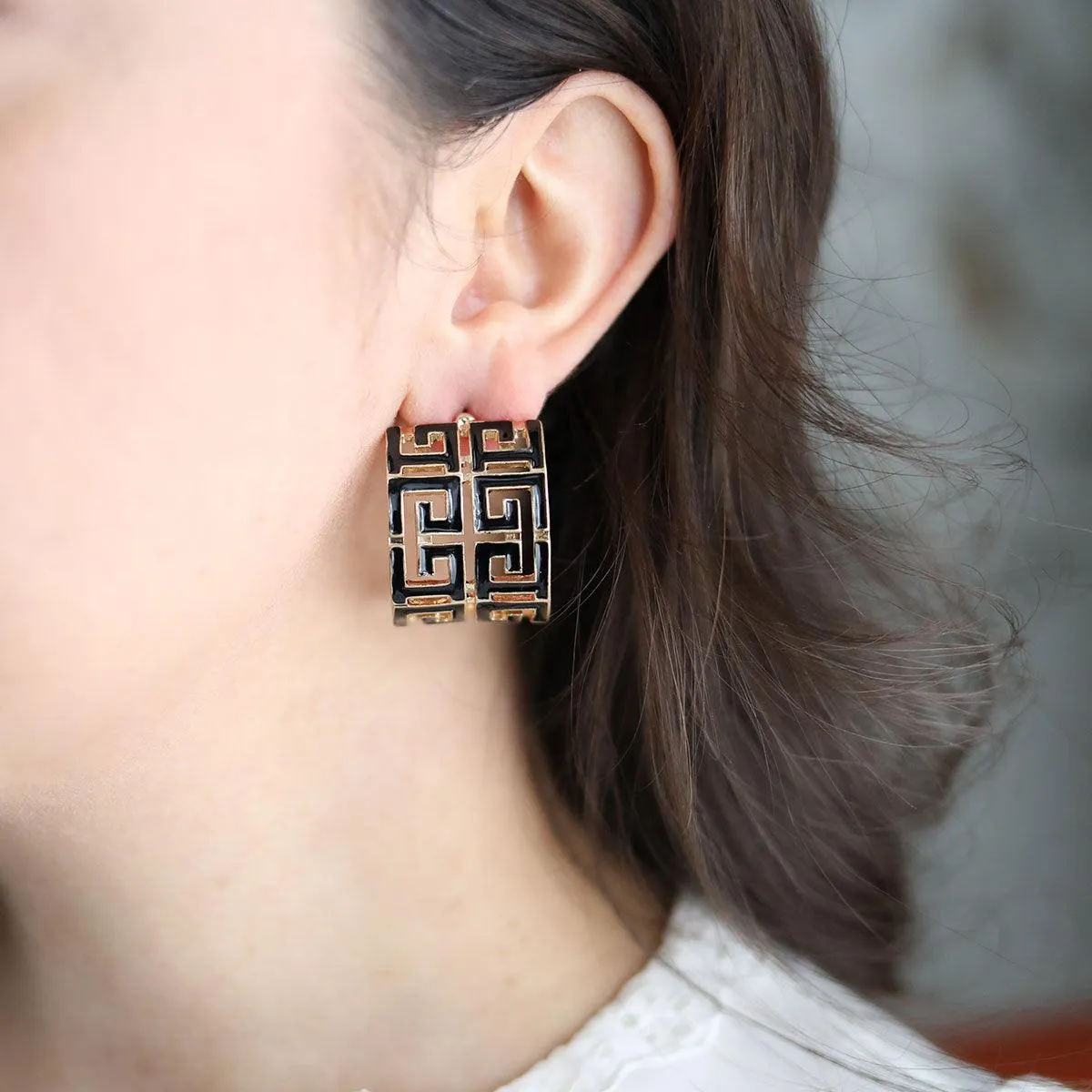 Brennan Game Day Greek Keys Enamel Hoop Earrings in Black sold by Canvas Style product image thumbnail 2