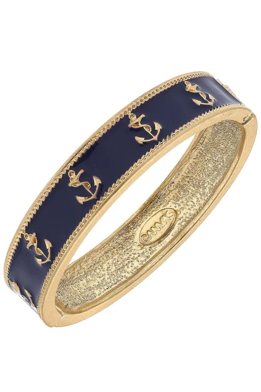 Darcy Enamel Nautical Anchor Hinge Bangle in Navy sold by Canvas Style