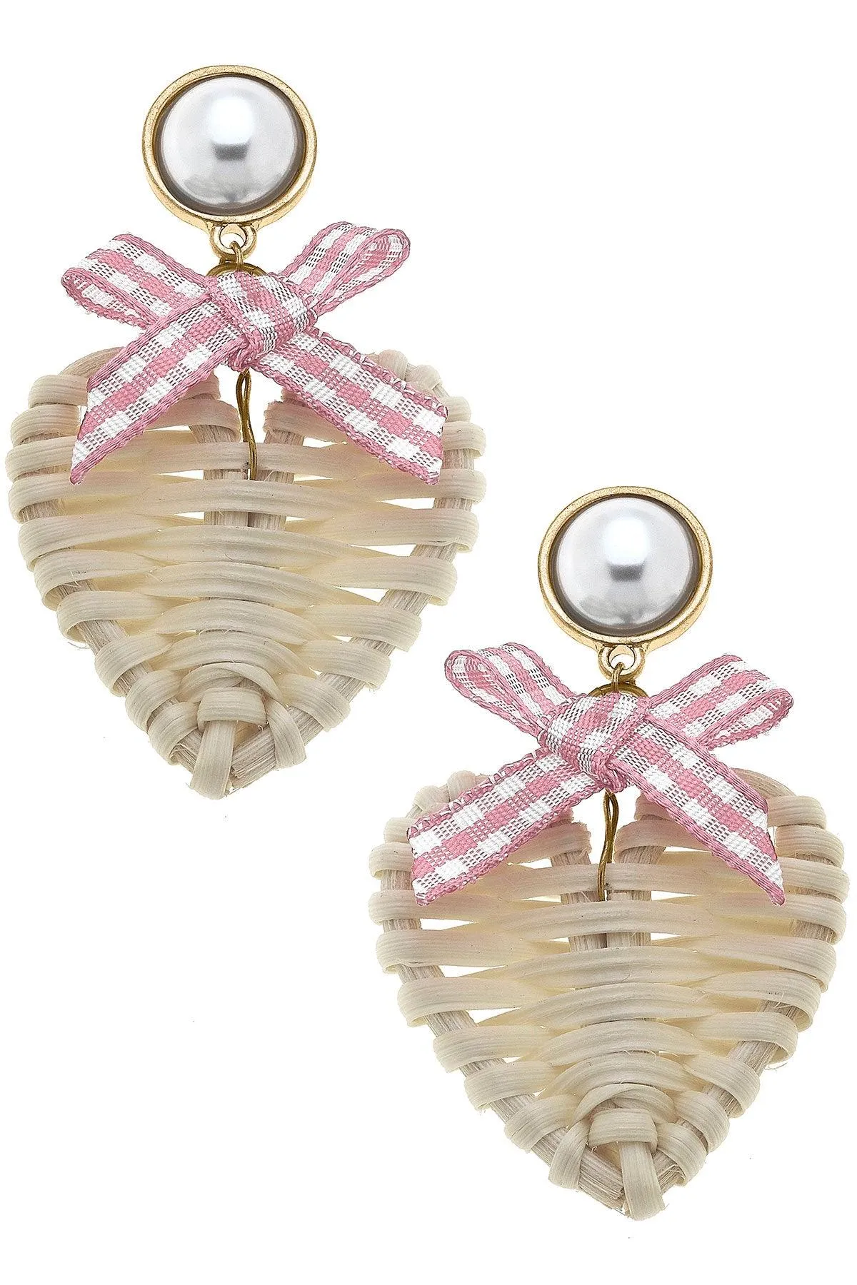 Piper Rattan & Gingham Heart Drop Earrings in Pink sold by Canvas Style