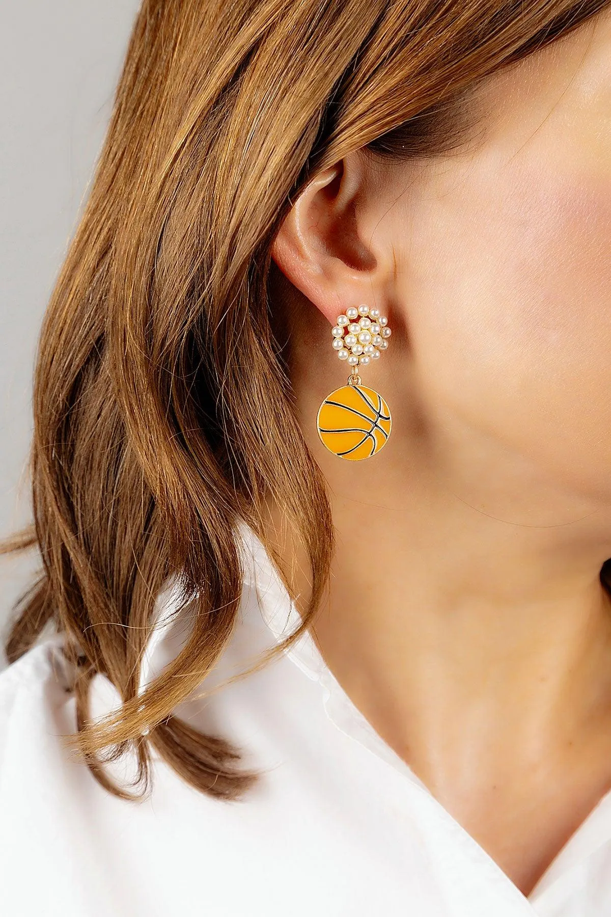 Basketball Pearl Cluster Enamel Drop Earrings in Orange sold by Canvas Style product image thumbnail 3