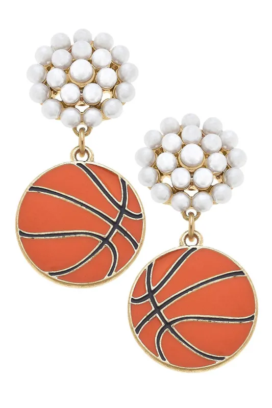Basketball Pearl Cluster Enamel Drop Earrings in Orange sold by Canvas Style