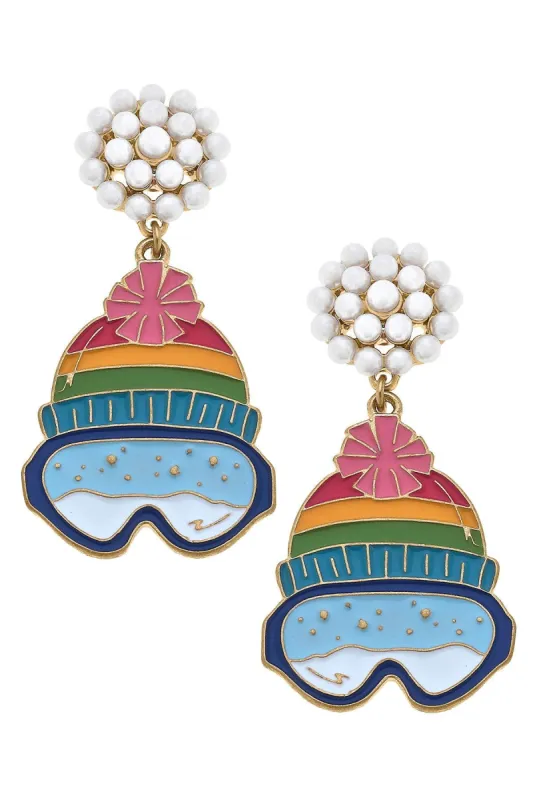 Ski Beanie and Goggles Pearl Cluster Enamel Earrings sold by Canvas Style