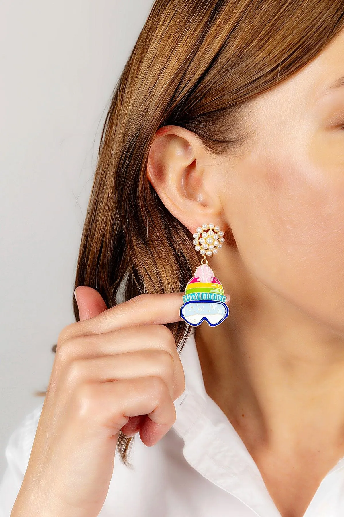 Ski Beanie and Goggles Pearl Cluster Enamel Earrings sold by Canvas Style product image thumbnail 2