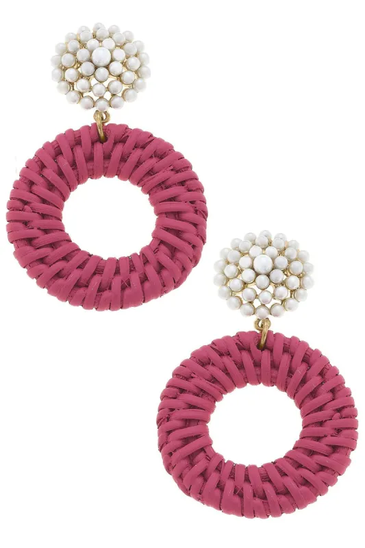 Elena Circle Wicker Pearl Drop Earrings in Pink sold by Canvas Style
