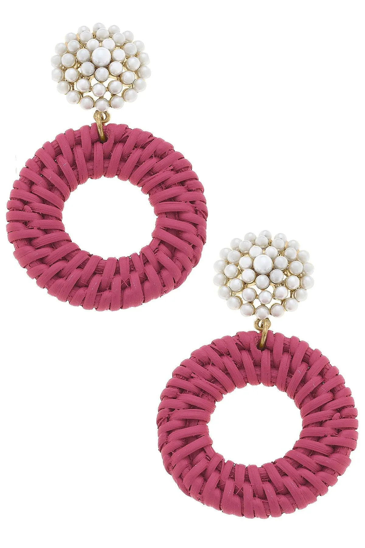 Elena Circle Wicker Pearl Drop Earrings in Pink sold by Canvas Style