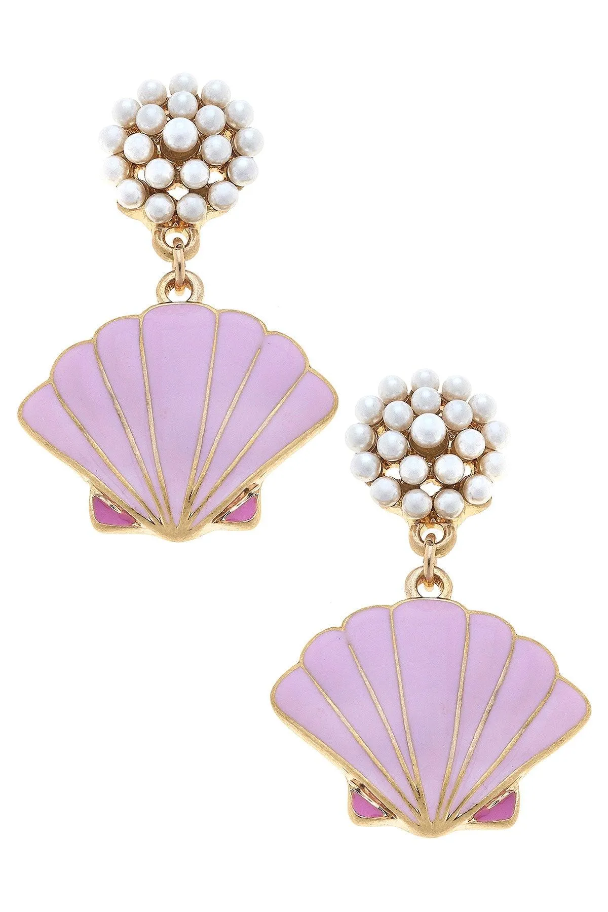 CANVAS Style x @thelovelyflamingo Enamel Scallop Shell Pearl Cluster Drop Earring in Pink - FINAL SALE sold by Canvas Style