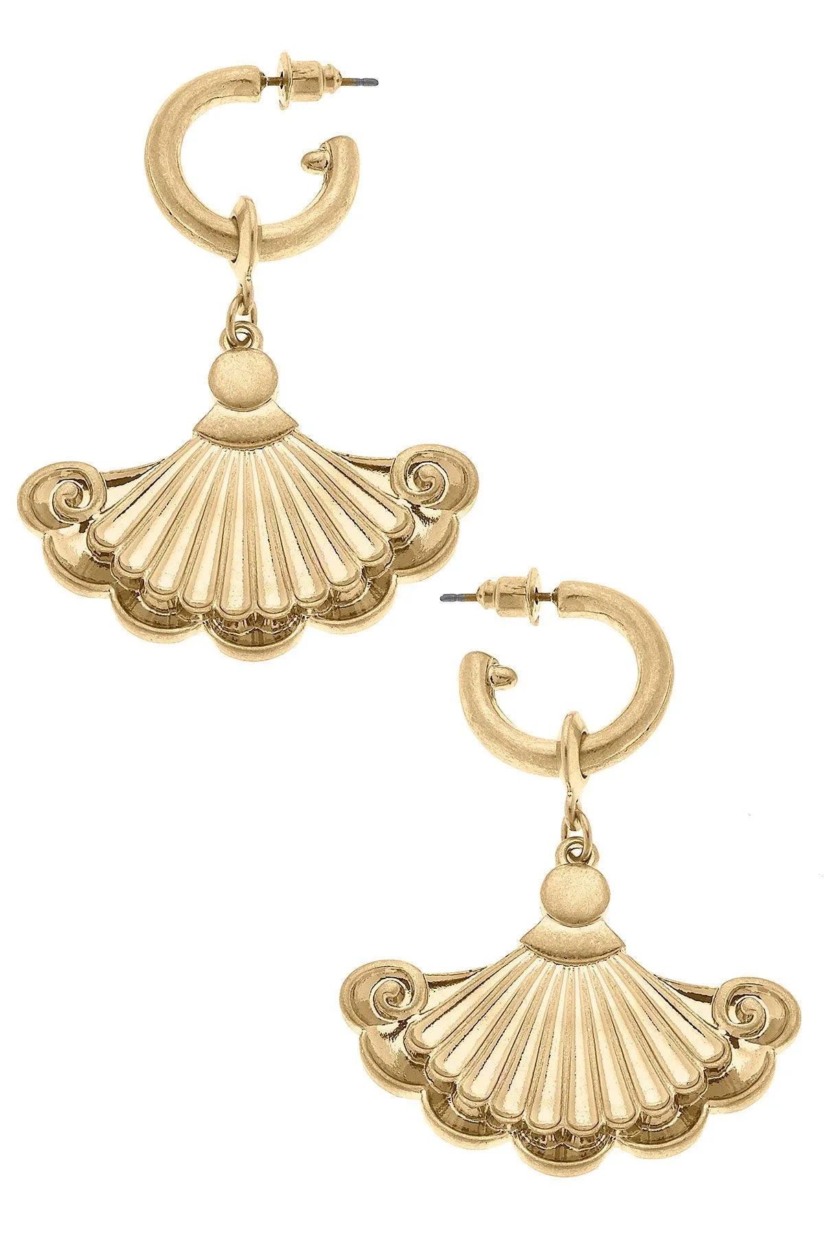 Evangeline French Fan Drop Hoop Earrings in Worn Gold sold by Canvas Style