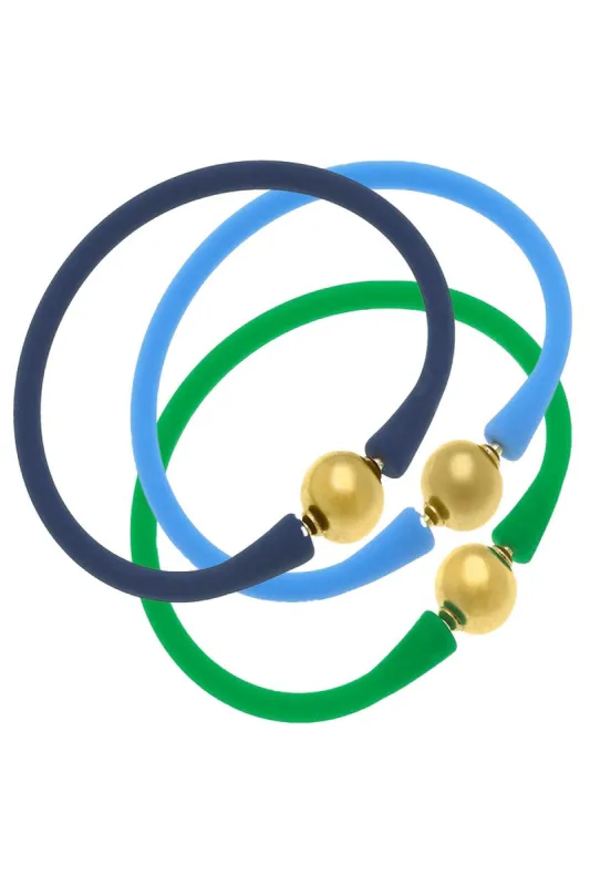 Bali 24K Gold Silicone Bracelet Stack of 3 in Navy, Aqua & Green sold by Canvas Style