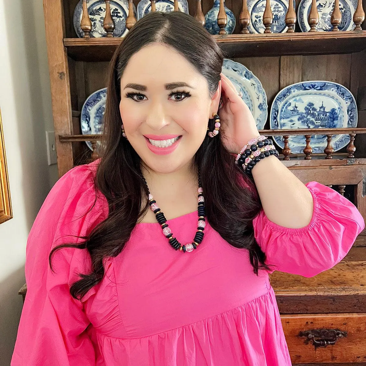 Alyssa Pink & White Chinoiserie & Painted Wood Hoop Earrings in Navy - FINAL SALE sold by Canvas Style product image thumbnail 3