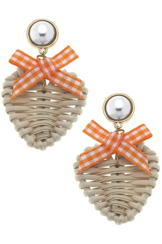 Piper Rattan & Gingham Heart Drop Earrings in Orange sold by Canvas Style