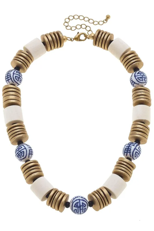 Lorelei Blue & White Chinoiserie & Painted Wood Statement Necklace - FINAL SALE sold by Canvas Style