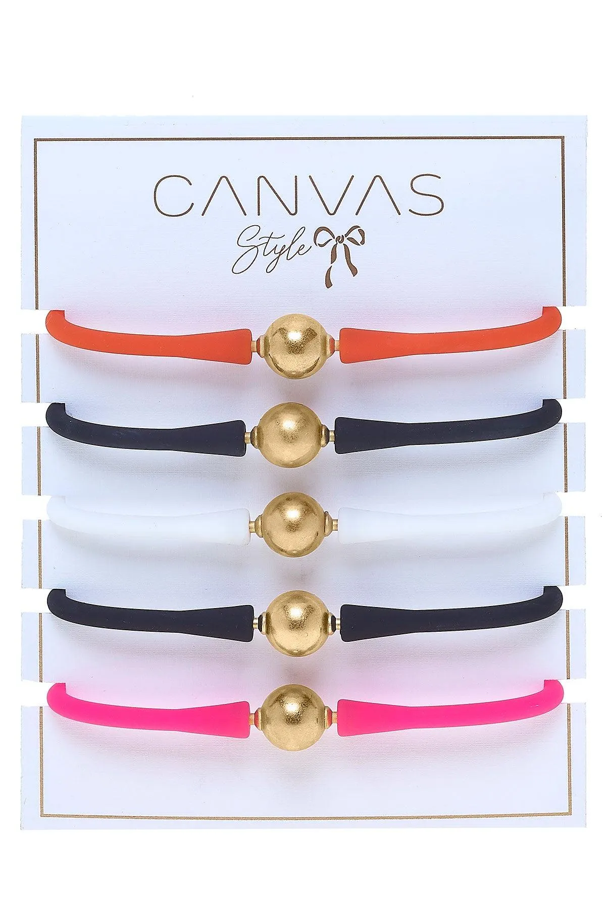 Bali 24K Gold Silicone Bracelet Spinderella Stack of 5 in Orange, Black, White & Neon Pink sold by Canvas Style product image thumbnail 2