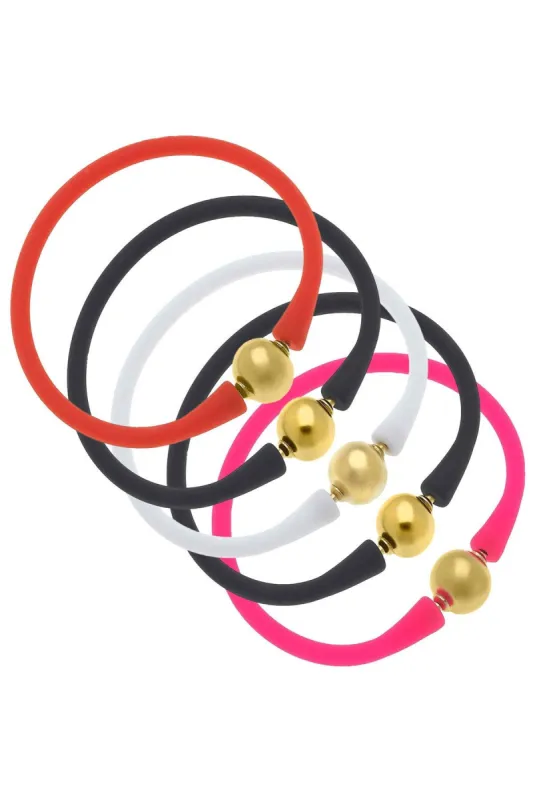 Bali 24K Gold Silicone Bracelet Spinderella Stack of 5 in Orange, Black, White & Neon Pink sold by Canvas Style