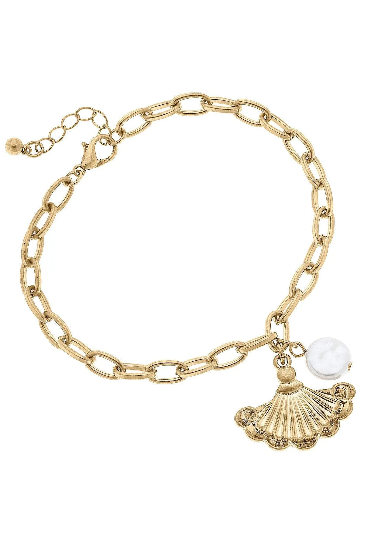 Yvonne French Fan & Pearl Charm Chain Bracelet in Worn Gold sold by Canvas Style