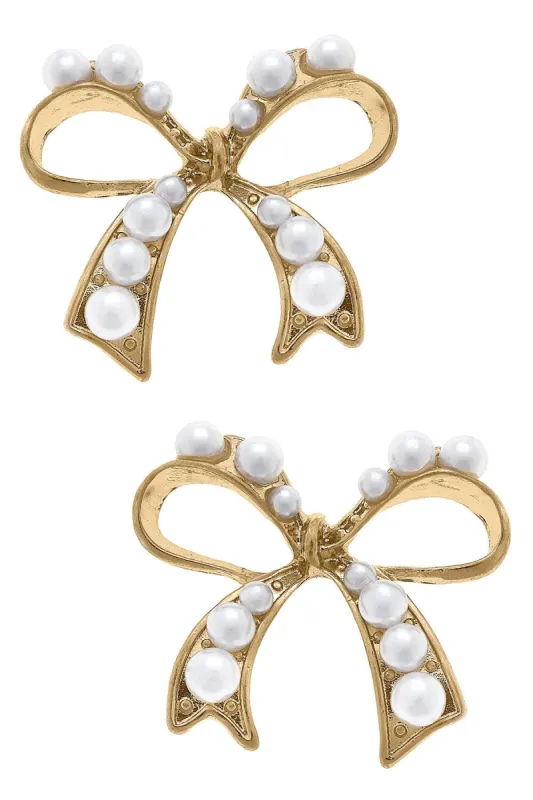 Harper Pearl-Studded Bow Stud Earrings in Ivory sold by Canvas Style