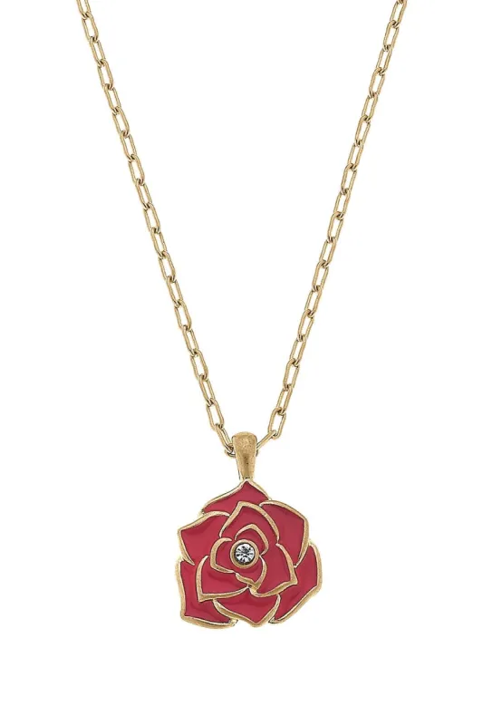 Isabella Enamel Rose Pendant Necklace in Worn Gold sold by Canvas Style
