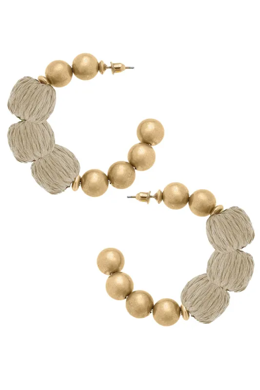 Barbados Raffia and Ball Bead Hoop Earrings in Natural sold by Canvas Style