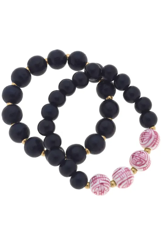 Iris Pink & White Chinoiserie & Painted Wood Stretch Bracelet Stack in Navy - Set of 2 - FINAL SALE sold by Canvas Style