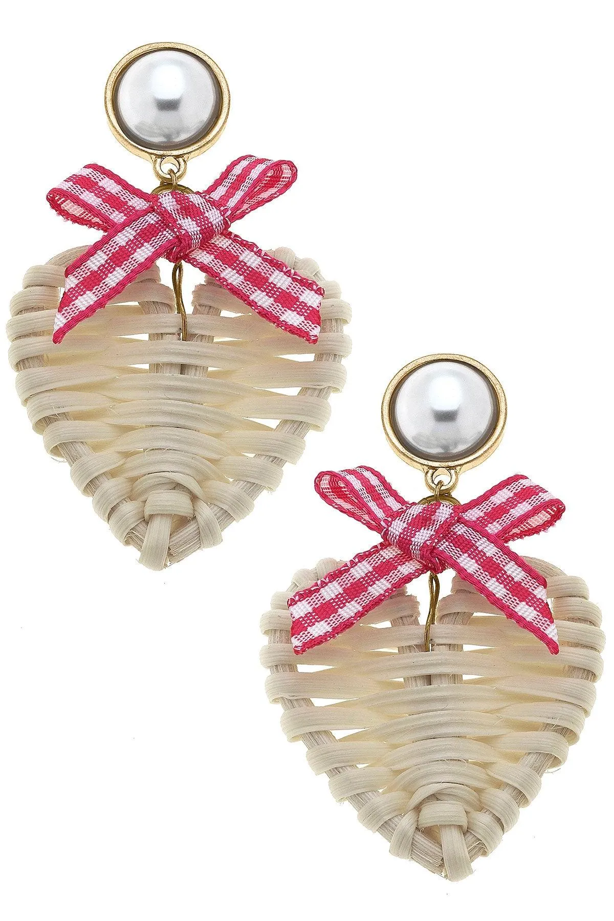 Piper Rattan & Gingham Heart Drop Earrings in Fuchsia sold by Canvas Style