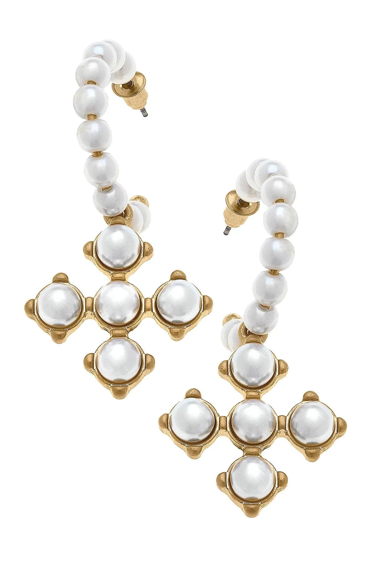 Sarah Pearl Cross Beaded Drop Hoop Earrings in Ivory sold by Canvas Style
