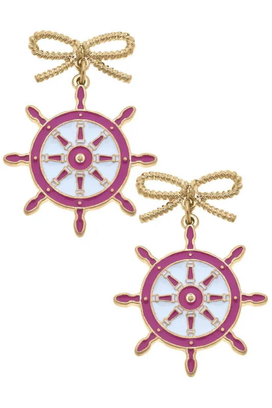 Bobbie Enamel Ship's Wheel Earrings in Pink & White sold by Canvas Style