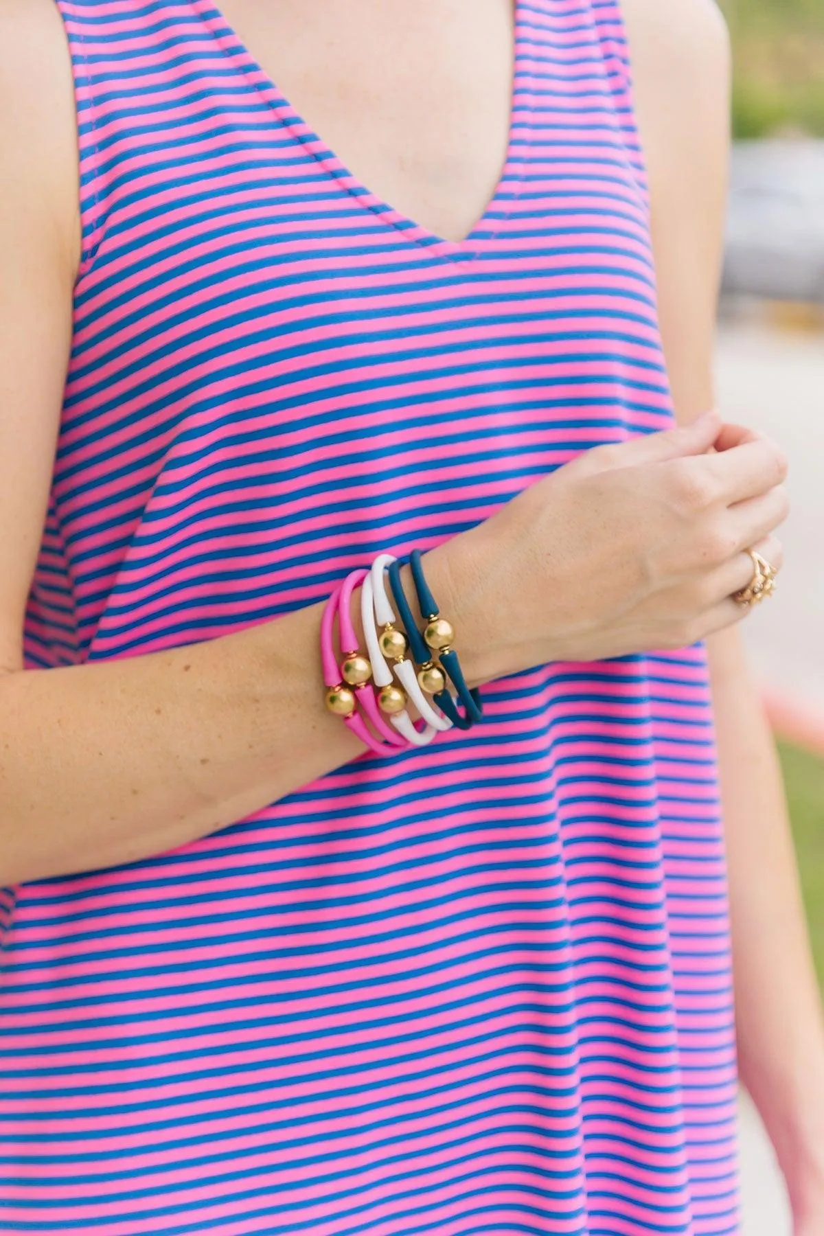 Bali 24K Gold Plated Ball Bead Silicone Bracelet in Navy sold by Canvas Style product image thumbnail 5