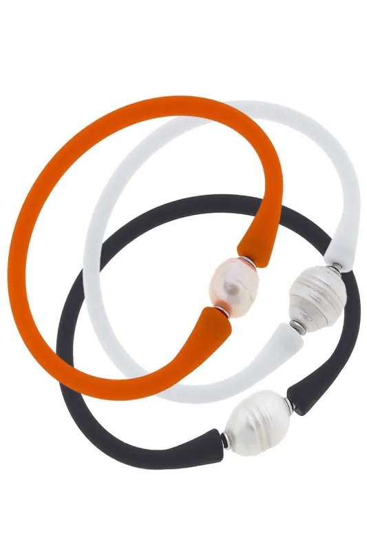 Bali Freshwater Pearl Silicone Bracelet Stack of 3 in Orange, White & Black sold by Canvas Style