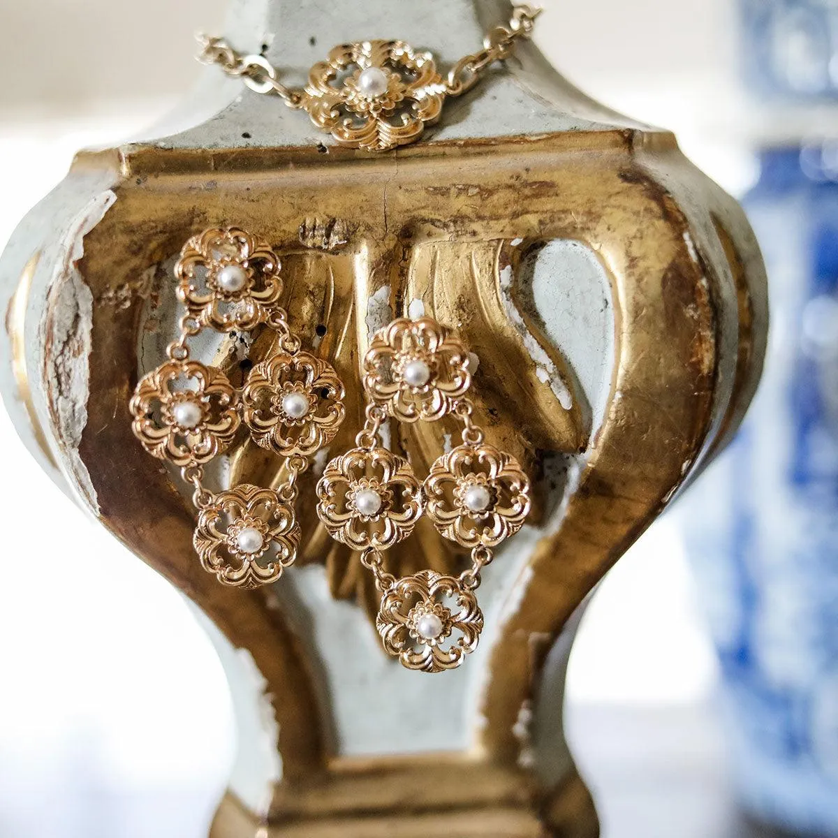 Orleans Acanthus & Pearl Chandelier Earrings in Worn Gold sold by Canvas Style product image thumbnail 2