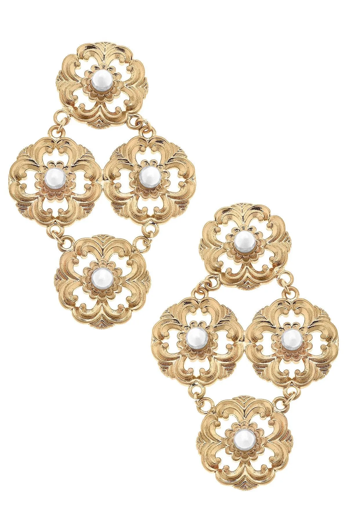 Orleans Acanthus & Pearl Chandelier Earrings in Worn Gold sold by Canvas Style