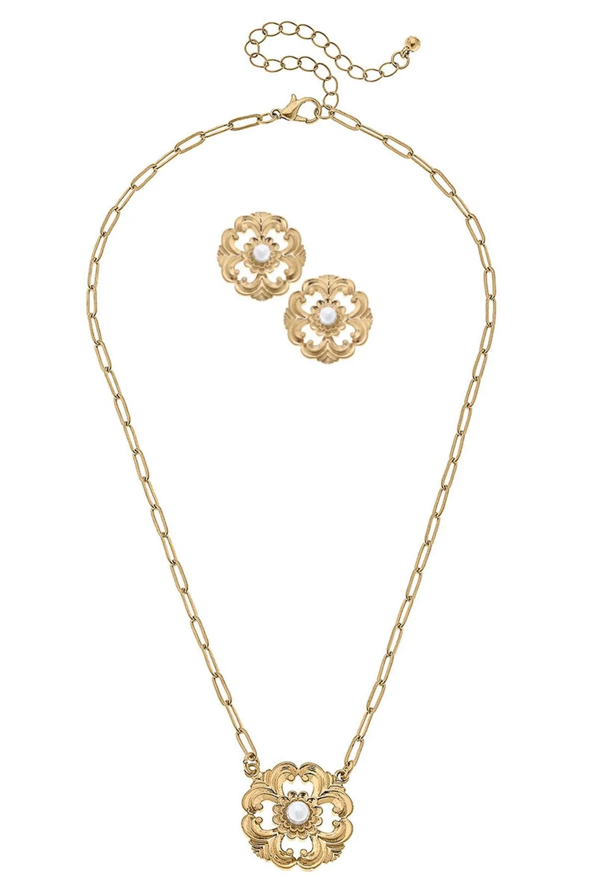 Marquette Acanthus & Pearl Earring and Necklace Set in Worn Gold sold by Canvas Style