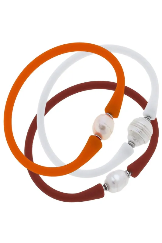 Bali Freshwater Pearl Silicone Bracelet Stack of 3 in Orange, White & Rust sold by Canvas Style