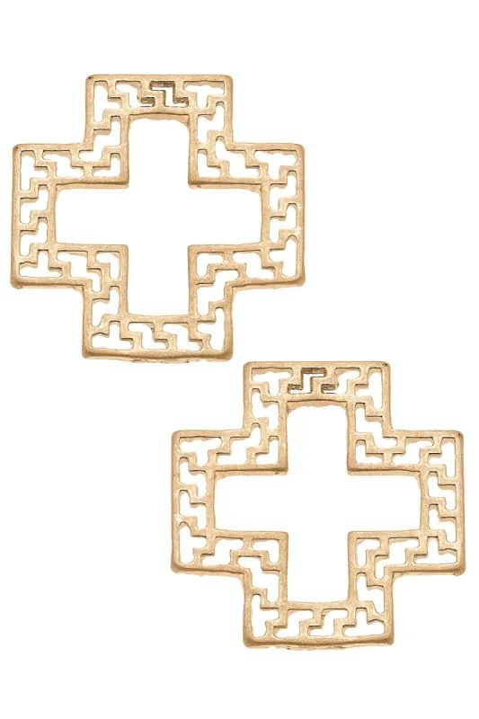 Cameryn Greek Keys Cross Stud Earrings in Worn Gold sold by Canvas Style