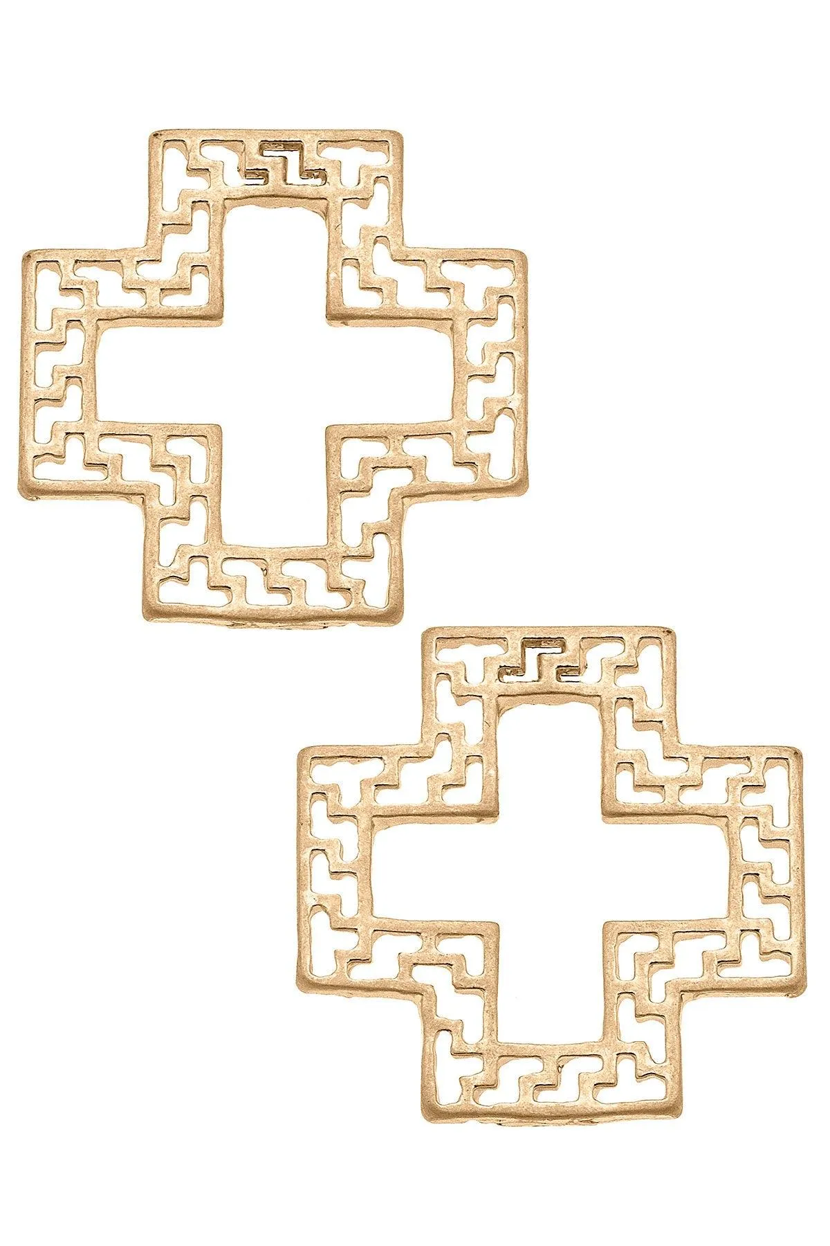 Cameryn Greek Keys Cross Stud Earrings in Worn Gold sold by Canvas Style