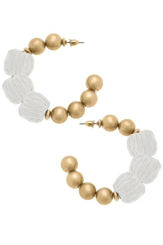 Barbados Raffia and Ball Bead Hoop Earrings in White sold by Canvas Style
