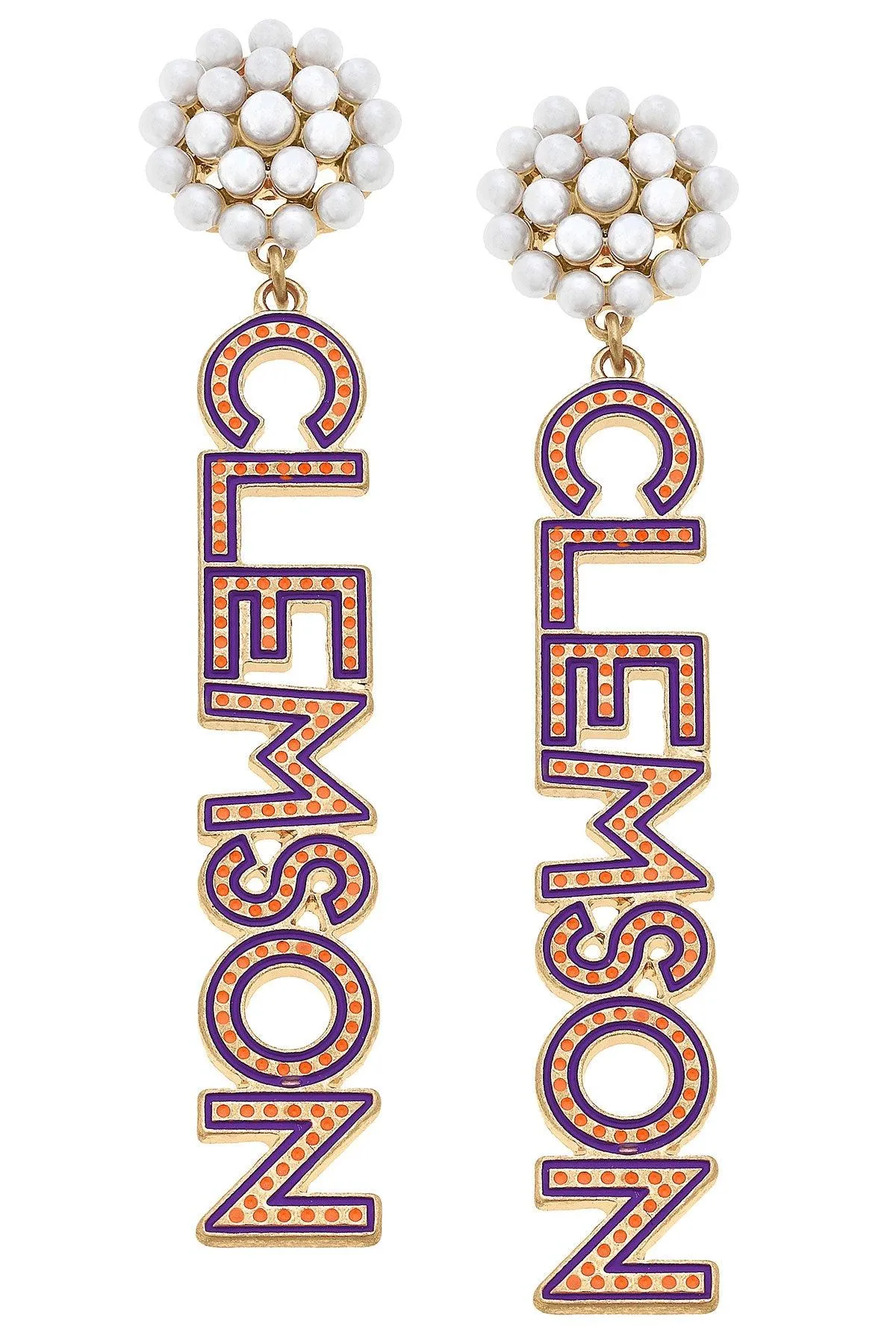 Clemson Tigers Pearl Cluster Dotted Enamel Drop Earrings - FINAL SALE sold by Canvas Style
