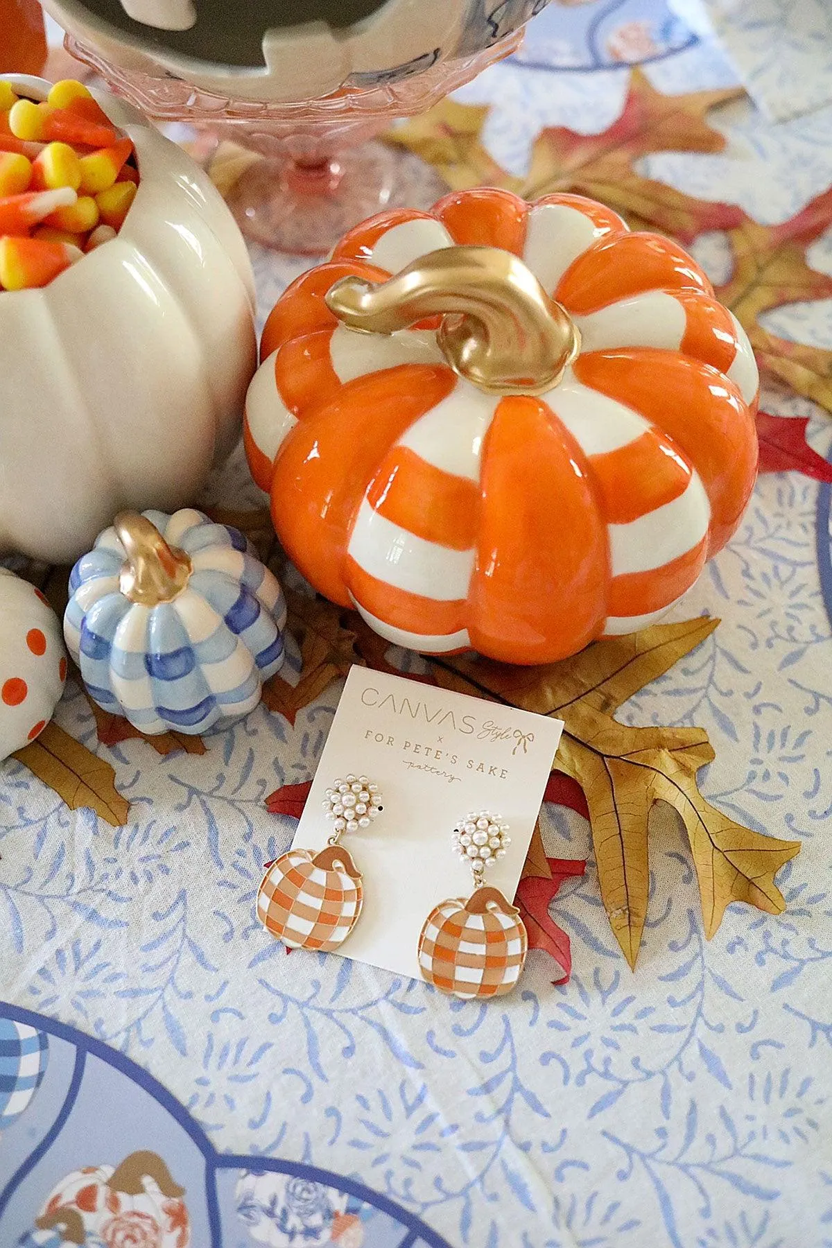 For Pete's Sake Pottery Gingham Pumpkin Earrings in Orange & White sold by Canvas Style product image thumbnail 3