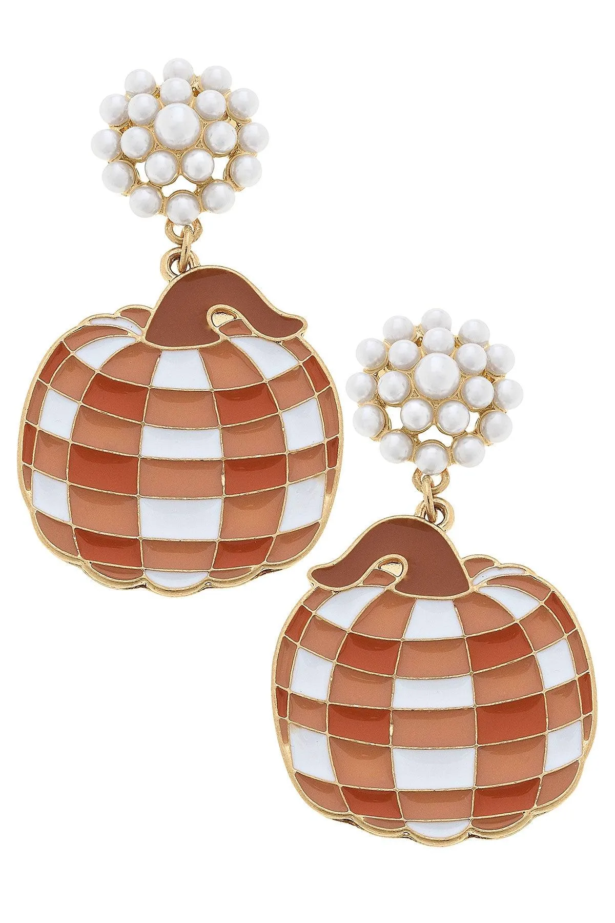 For Pete's Sake Pottery Gingham Pumpkin Earrings in Orange & White sold by Canvas Style