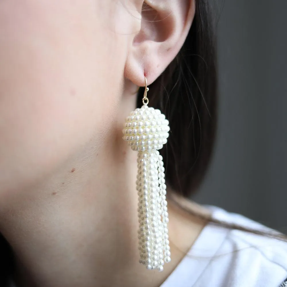 Edie Pearl Beaded Tassel Drop Earrings in Ivory sold by Canvas Style product image thumbnail 2
