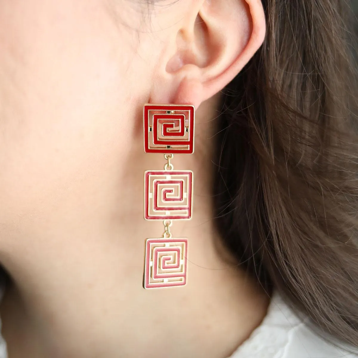 Gretchen Game Day Greek Keys Linked Enamel Earrings in Crimson sold by Canvas Style product image thumbnail 2