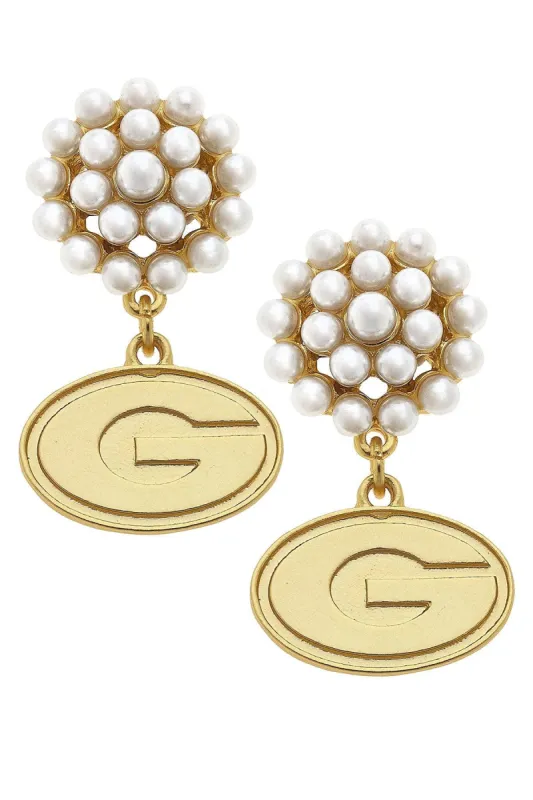 Georgia Bulldogs Pearl Cluster 24K Gold Plated Logo Earrings sold by Canvas Style
