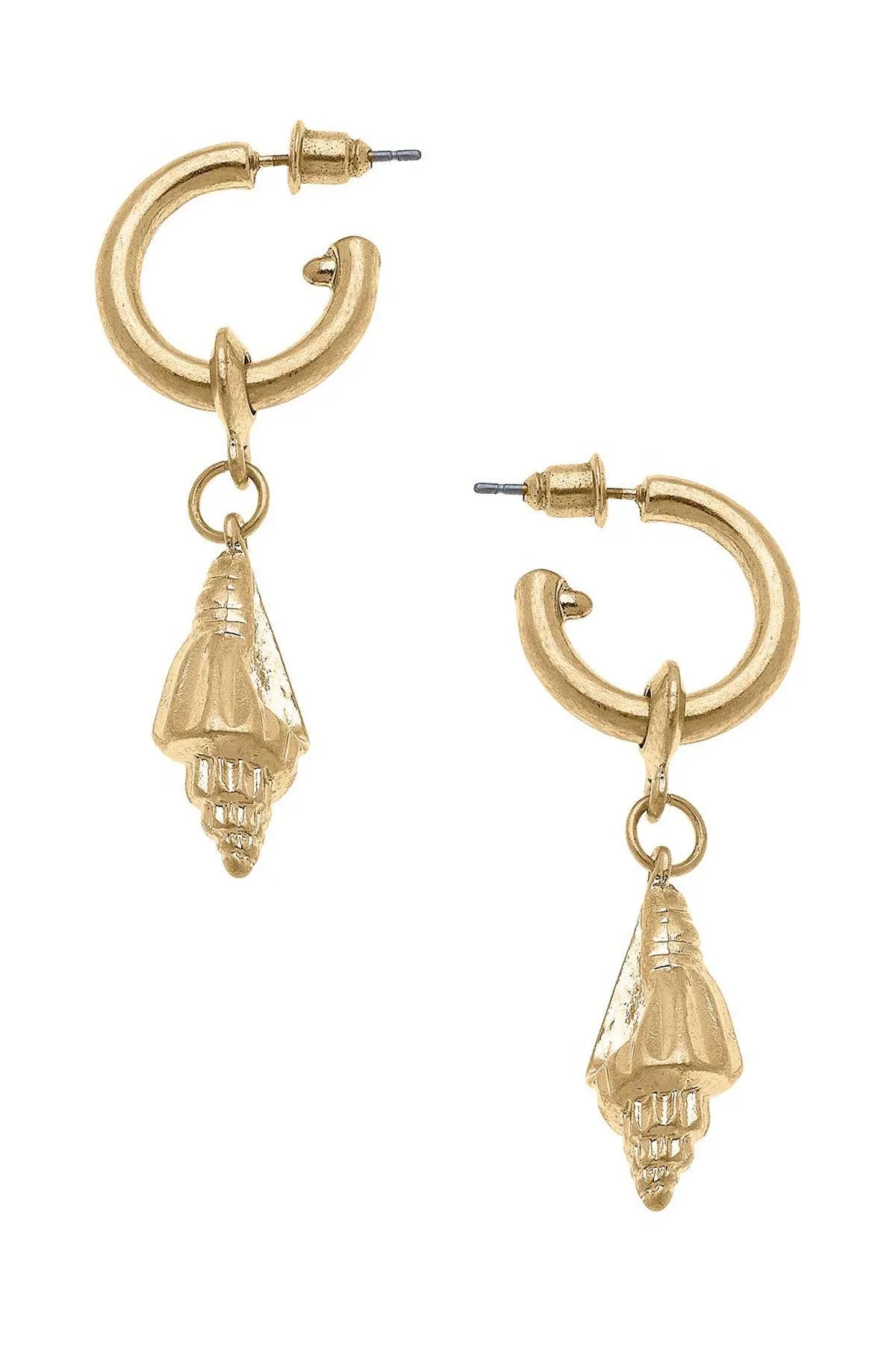 Spiral Shell Drop Hoop Earrings in Worn Gold sold by Canvas Style