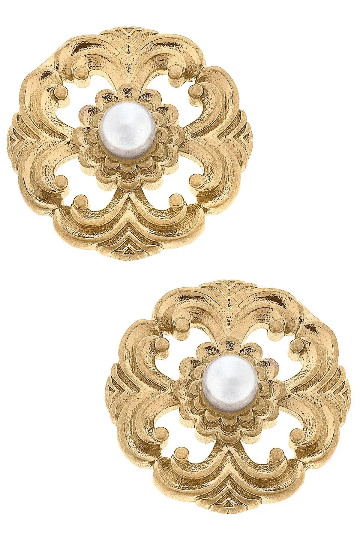 Marguerite Acanthus & Pearl Stud Earrings in Worn Gold sold by Canvas Style