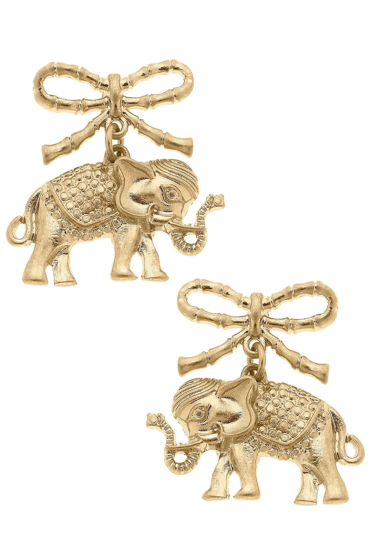Ciara Elephant & Bow Drop Earrings in Worn Gold sold by Canvas Style