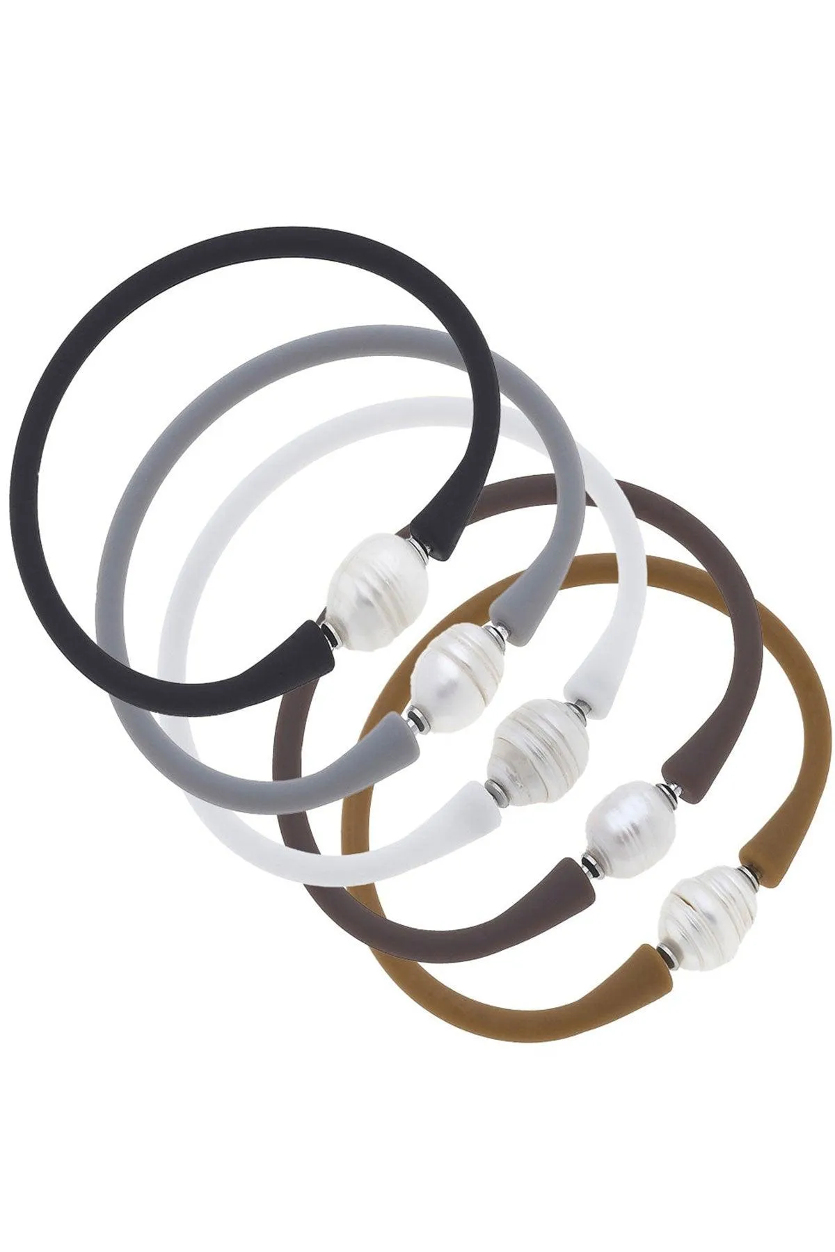 Bali Freshwater Pearl Silicone Bracelet Stack of 5 in Black, Steel Grey, White, Chocolate & Cocoa sold by Canvas Style